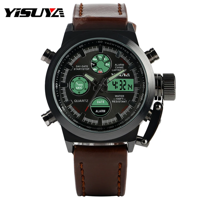 

YISUYA Aviator Men LED Digital Sport Wristwatch Stop Watch Multiple Time Zones Calendar Luminous Shock Resistant 30M Waterproof