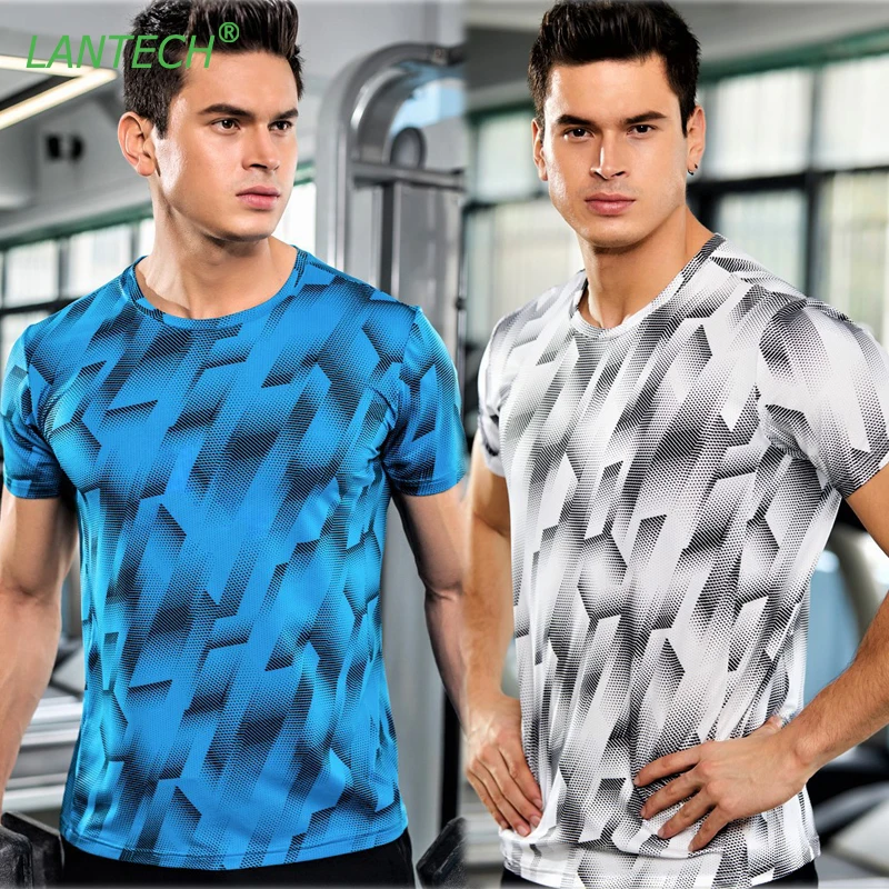 

LANTECH Men Shirt Summer Short Sleeve Tops Shirts Jogger Fitness Exercise Breathable Quick Dry For Male Printing Pattern