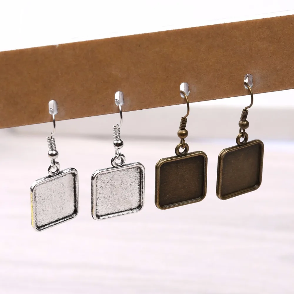 cheap onwear 20pcs fit 15mm square cabochon earring bezel blanks antique bronze +silver earrings hooks diy jewelry findings