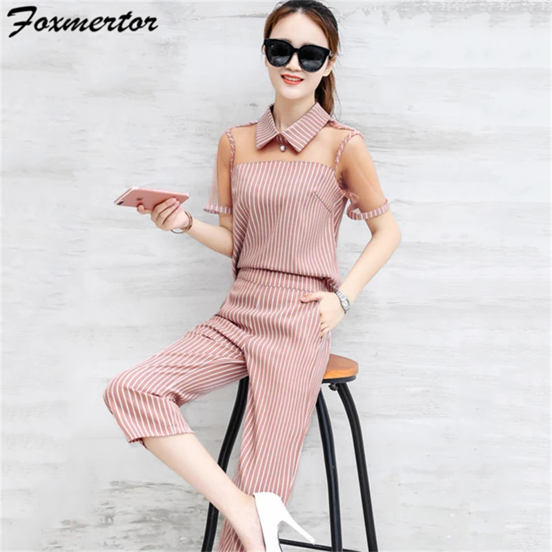 Foxmertor 2017 Mulheres do Outono do Verão Terno Listrado Oco Para Fora das Mulheres conjuntos Feminino Elegante Escritório 2 Peças Tops e Calças Set # F505