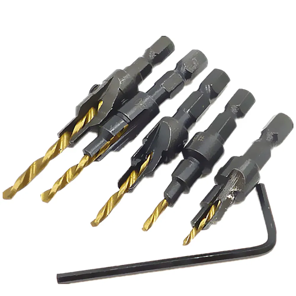 5pcs Hss Countersink Drill Bit 1/4" Hex Shank 5 6 8 10 12 Pilots