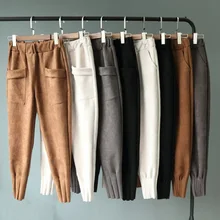 Эластичные женские брюки с высокой талией, зимние осенние брюки-карандаш, Капри, женские замшевые брюки с большим карманом и морковкой, повседневные женские брюки