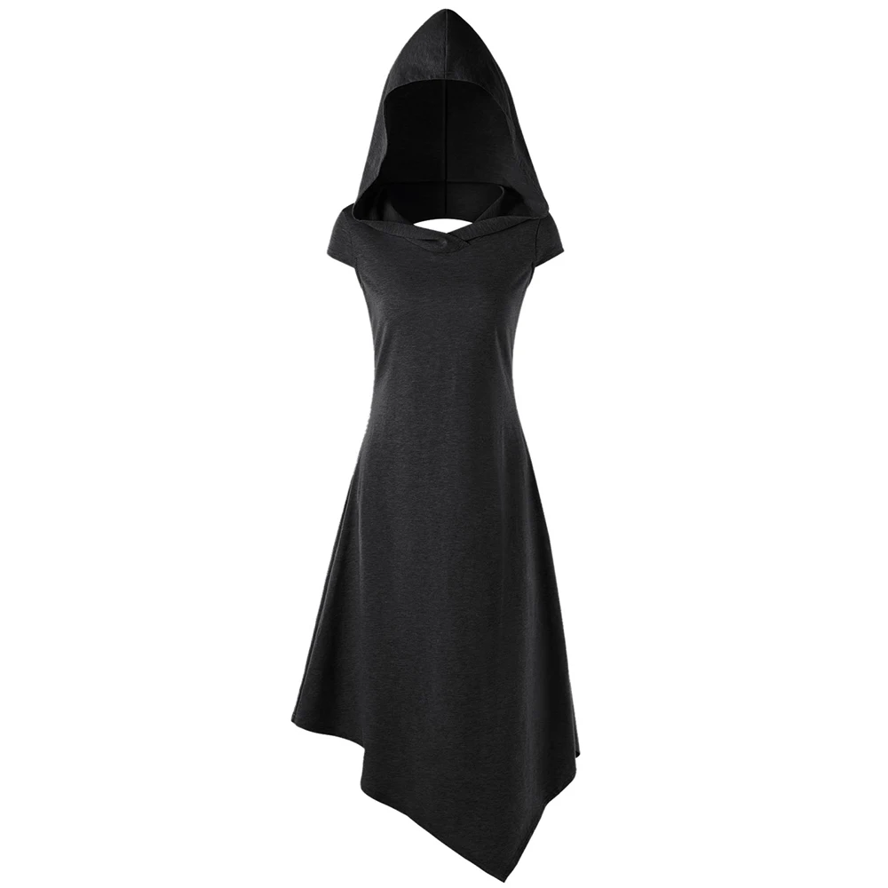 VESTLINDA Asymmetrical Hooded Cut Out Midi Dress Women Dress Summer Hooded Short Sleeves Solid Colors Dresses Vestido De Festa 8