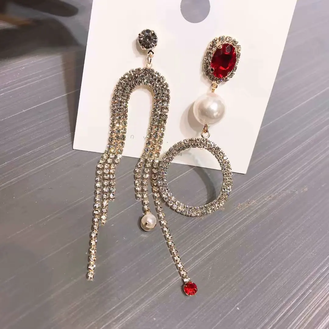 

Luxury Crystal Tassel Exaggerated Asymmetrical Circle Dangle Earrings Wedding Statement Earrings 2019 Long Drops Bijoux