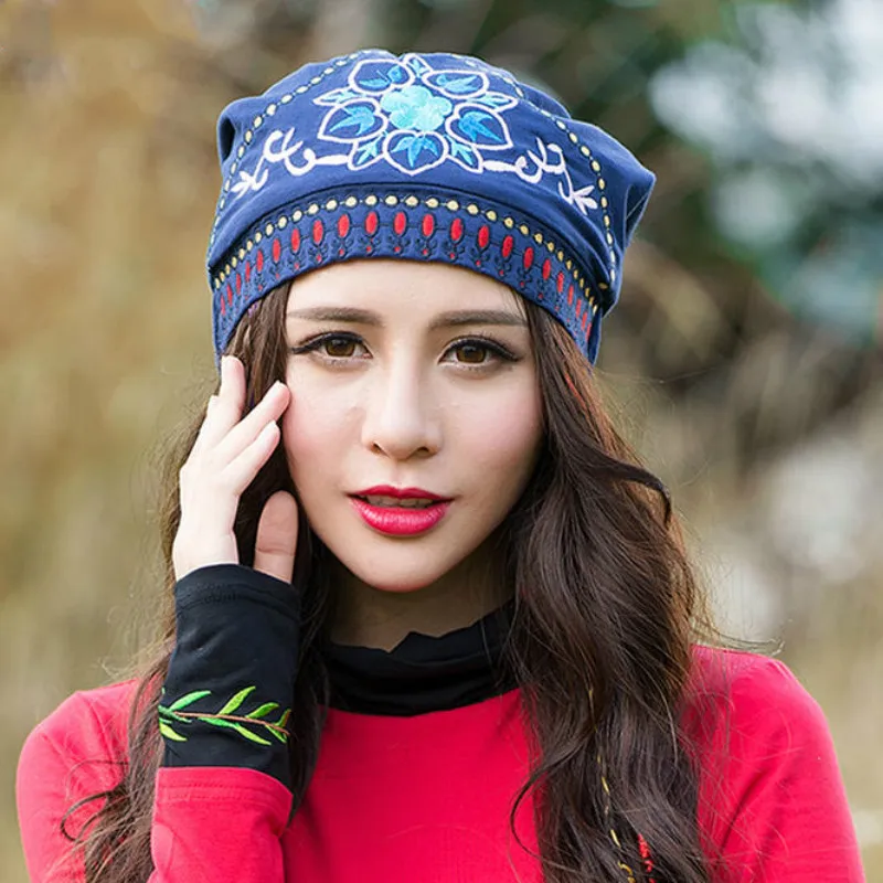 

Free Shipping Women Spring Autumn Mexican Style Hippie Black Blue Red Floral Embroidery Hat Beanies