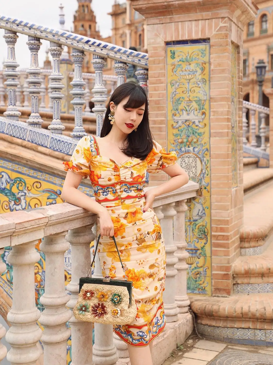 

LYNETTE'S CHINOISERIE Spring Summer Women Vintage Slim Waist Exquisite Romantic Sicilian Style Orange Floral Print Silk Dresses