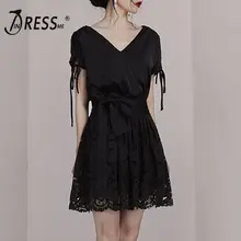 INDRESSME 2019 New V Neckline Short Sleeves Lace up Detailing Bow Tie Lace Skater Mini Dress Little Black Dress INDRESSME 2019 New V Neckline Short Sleeves Lace up Detailing Bow Tie Lace Skater Mini Dress Little Black Dress