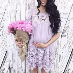 Кружево пикантные для женщин Твердые платье для беременных; Материнство с круглым вырезом короткий рукав кормящих лоскутное мини платье