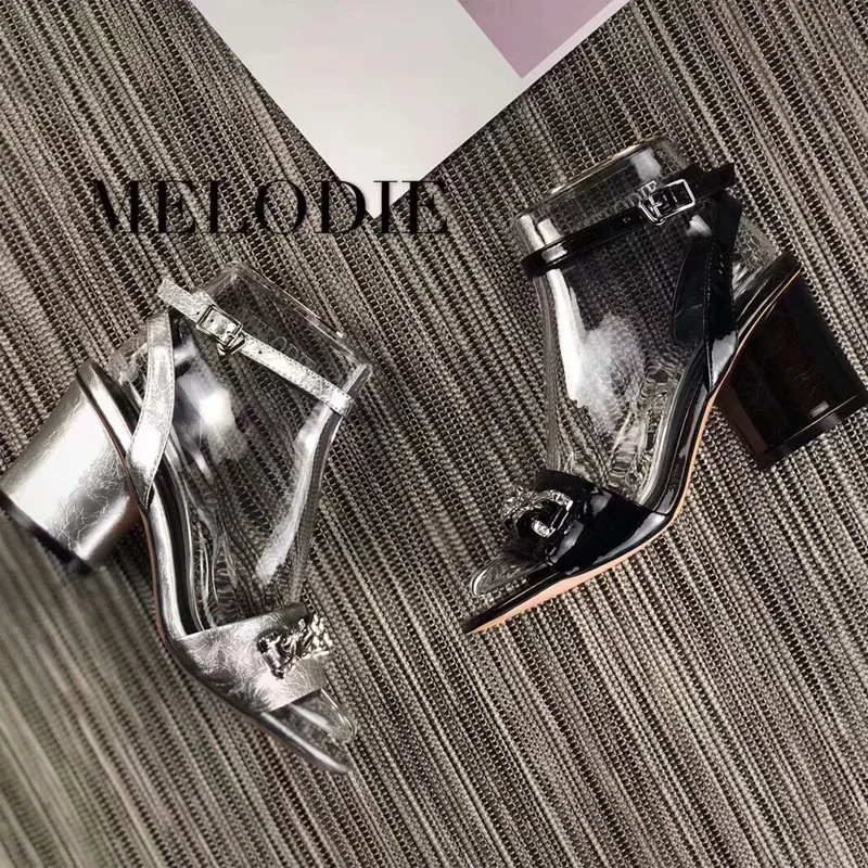 

MELODIE 2019 Summer New Style Genuine Leather Metal Decoration Chain High Heels Shoes Women Round Heels Women Sandals MCJ475