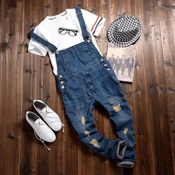 

2017 Vintage Fashion Men's Slim Fit Skinny Bib Overalls Retro Designer Man Ripped Jeans Distressed Denim Jumpsuits 021410