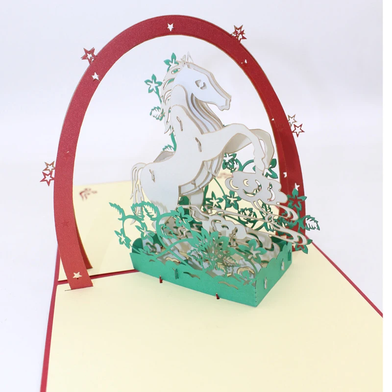  3D Handmade Red Cover Leaping White Horse Paper Invitation Greeting Cards PostCard Business Childre - 32913924889