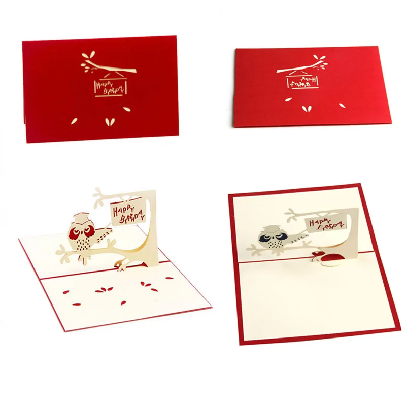 3D всплывающие Милые Сова поздравительные открытки ручной работы День рождения Киригами карты - Цвет: Red