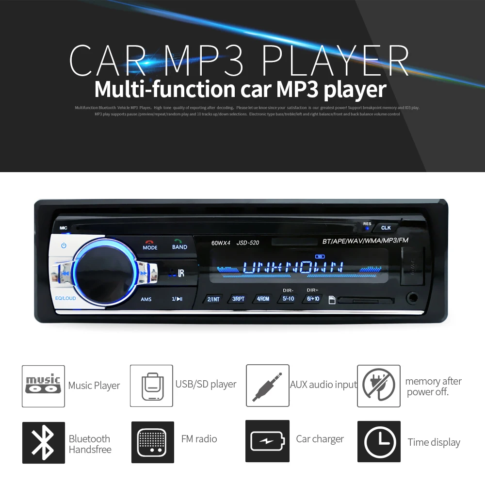 Автомобильная стереосистема Bluetooth Радио аудиоплеер приемник FM Aux Вход WMA WAV MP3 плеер с SD/USB Порты и разъёмы