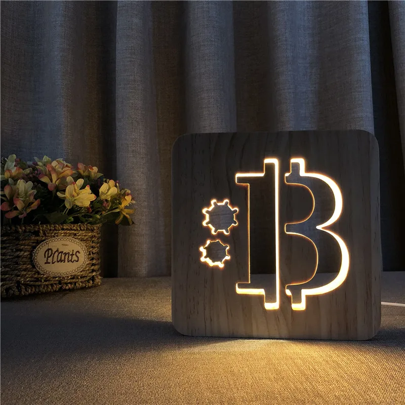 Светодиодный ная деревянная лампа с USB 3D светильник в стиле Биткоин детский