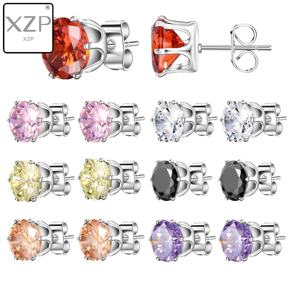 

XZP Classic AAA Cubic Zirconia Stud Earrings Set 7 Pair Week Use 316l Stainless Steel CZ Round Earrings Gift for Women Girls