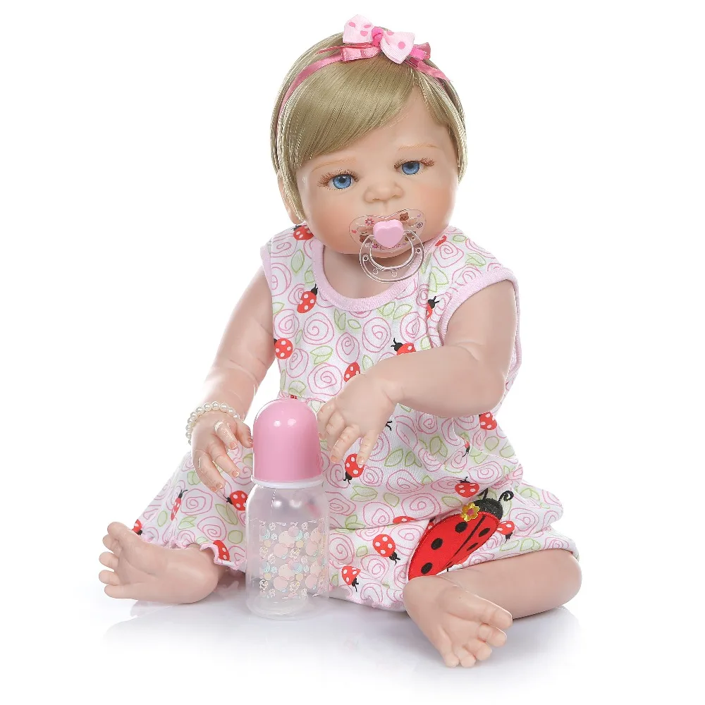 NPK 56 см кукла bebe reborn baby girl волосы блонд новорожденный силикон для всего тела