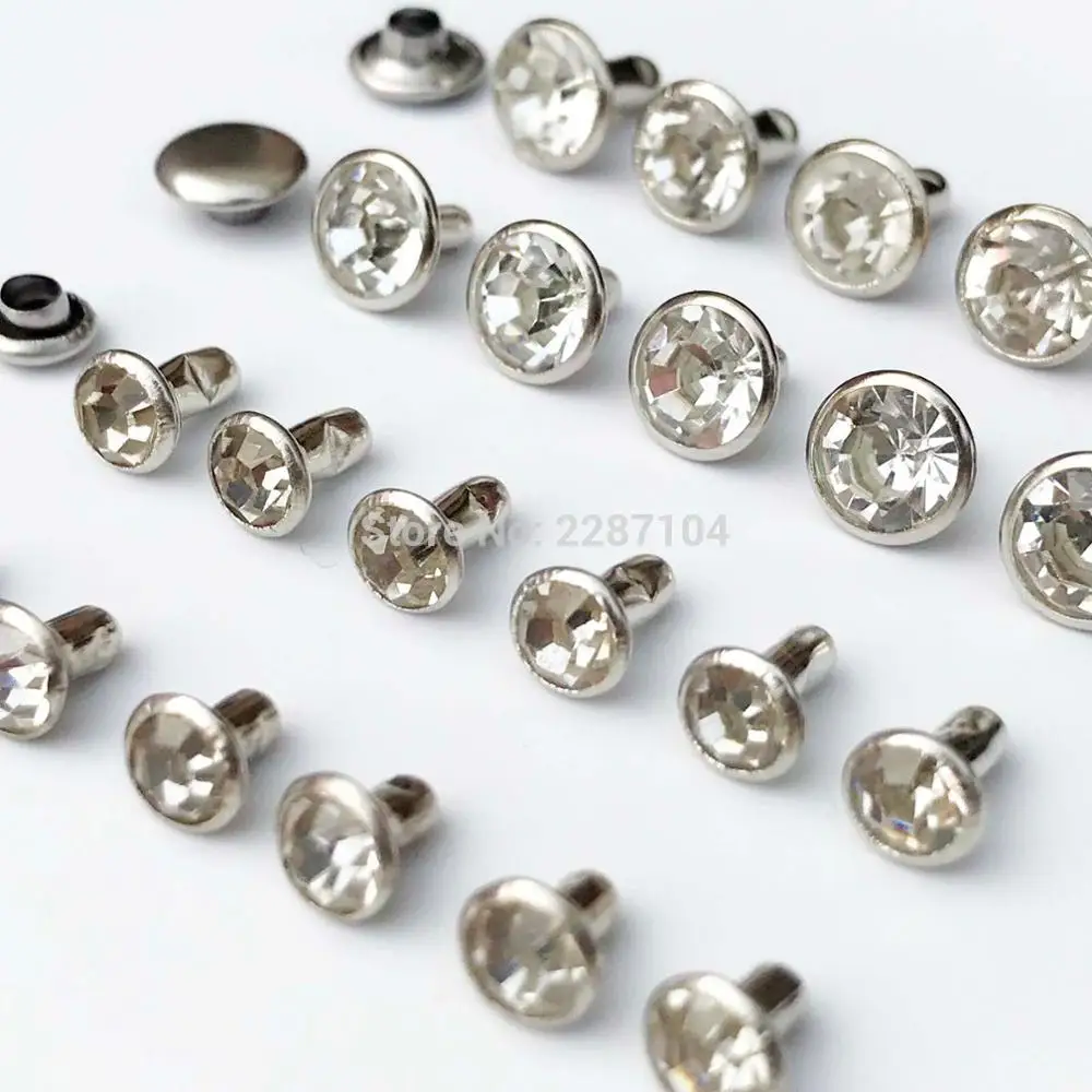 

50sets Metal Brass Silver Clear CZ Crystal Rhinestone Rapid Rivet 6/8mm Leather Bag Shoe Clothes Round Decor Diamond Stud Spot