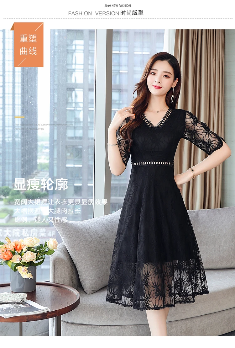 Femal Vintage Elegant Black Lace Boho Midi Dresses Summer Plus Size Solid Sexy Beach Sundress Women Bodycon Party Vestidos