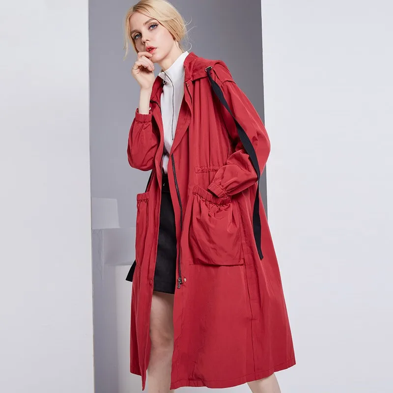 

2019 Spring Autumn New Female Loose Casual Trench Coat Red/Army Green/Black Women Leisure Long Solid Windbreaker Lady Thin Coat