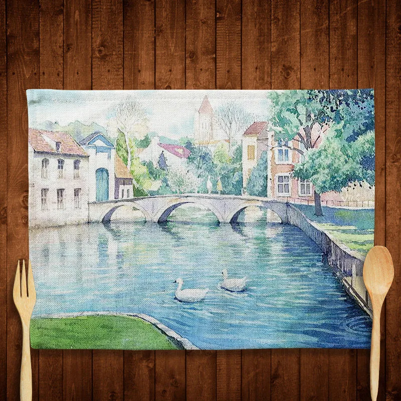 1Piece Castle Pattern Linen Table Mats Western Bowl Pad Non-slip Placemats For Dining Kitchen Accessories Table Coaster