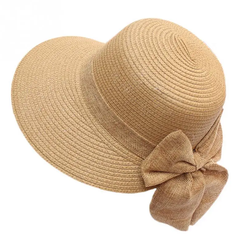 

Women Bucket Hat Bowknot Design Solid Big Straw UV Protection Summer Wide Brim Sun Cap Beach Gift Casual Visor Floppy