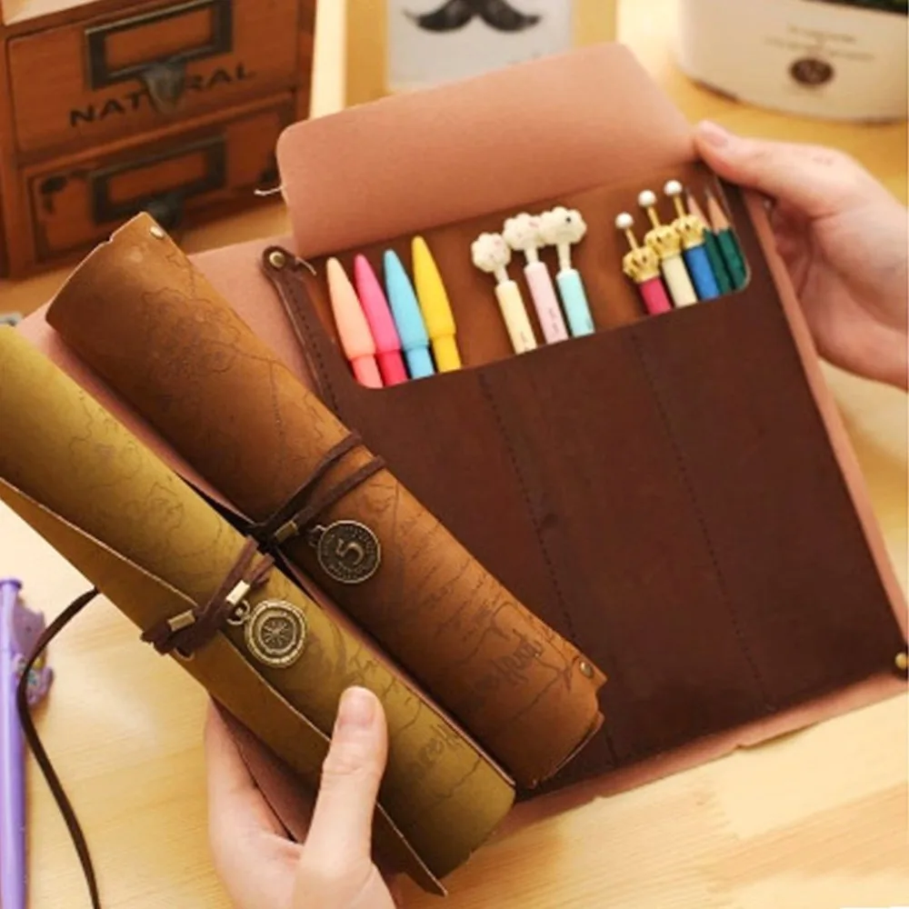 Vintage Retro Treasure Map Pencil Cases Luxury Roll Leather PU Pen Bag 