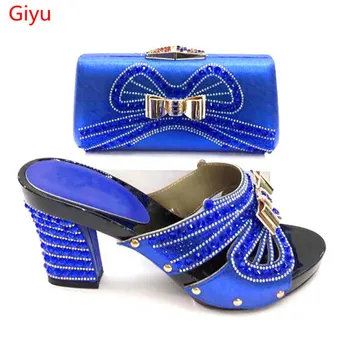 

doershow blue Shoes and Bag Set African Sets 2019Lady Italian Shoes and Bag Set Decorated with Rhinestone Nigerian Shoes!SVF1-11