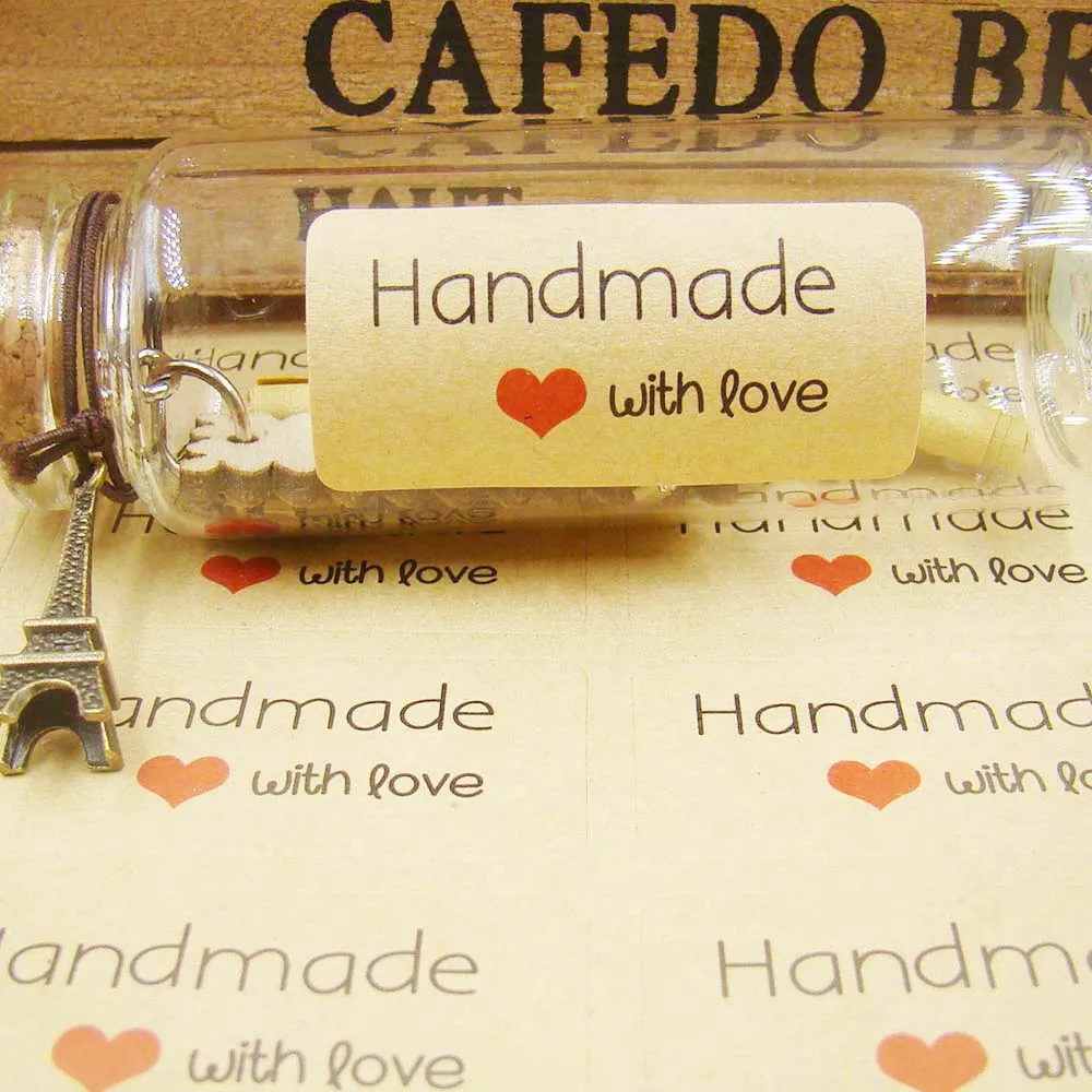 

1000pcs wholesale 1.58*0.79inch Kraft handmade sticker with red heart Sticker Label For bread, gift bag / box Seal Label