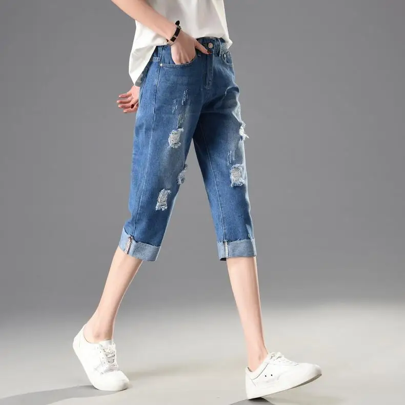 Orwindny/повседневные джинсовые штаны с дырками для толстой сестры, женские летние свободные прямые брюки с высокой талией больших размеров - Цвет: Синий