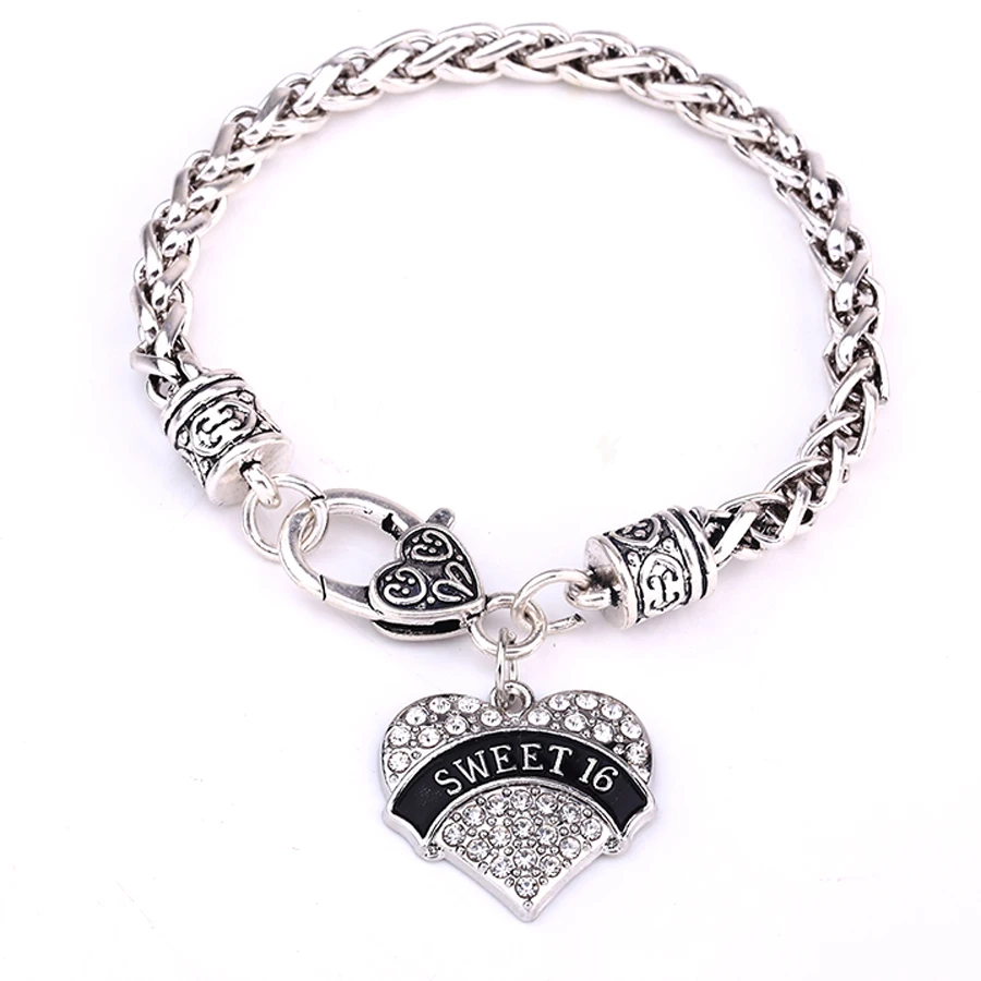 Sweet Sixteen 16 Clear Crystal Heart Silver Lobster Claw Bracelet