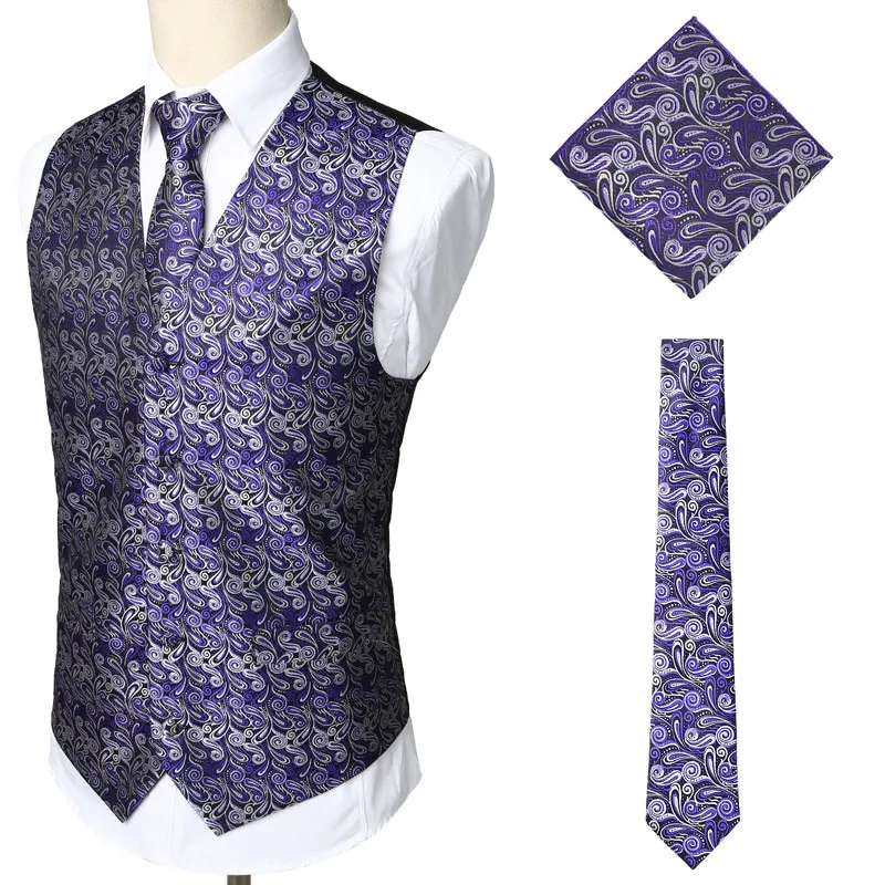 Мужской комплект из 3 предметов, Белый Жаккардовый жилет с узором пейсли, новинка, элегантный мужской жилет для свадебной вечеринки, для костюма или смокинга, галстук+ карман+ квадрат - Цвет: Purple