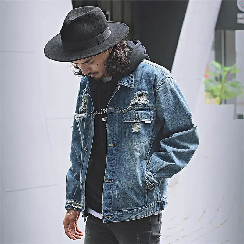 Hip Hop Heren Jas en Jas Japanse Vintage Gewassen Gat Losse Jean Jassen Modetrend Streetwear Cool Denim Jassen A5127 Hip Hop Heren Jas en Jas Japanse Vintage Gewassen Gat Losse Jean Jassen Modetrend Streetwear Cool Denim Jassen A5127