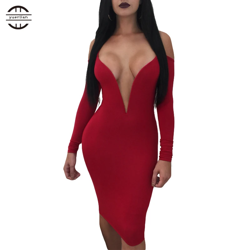 Sexy Women Spring Dress 2018 Long Sleeve Plus size Deep V-neck Party Dresses Bodycon Knee-Length red Vestidos | Женская одежда