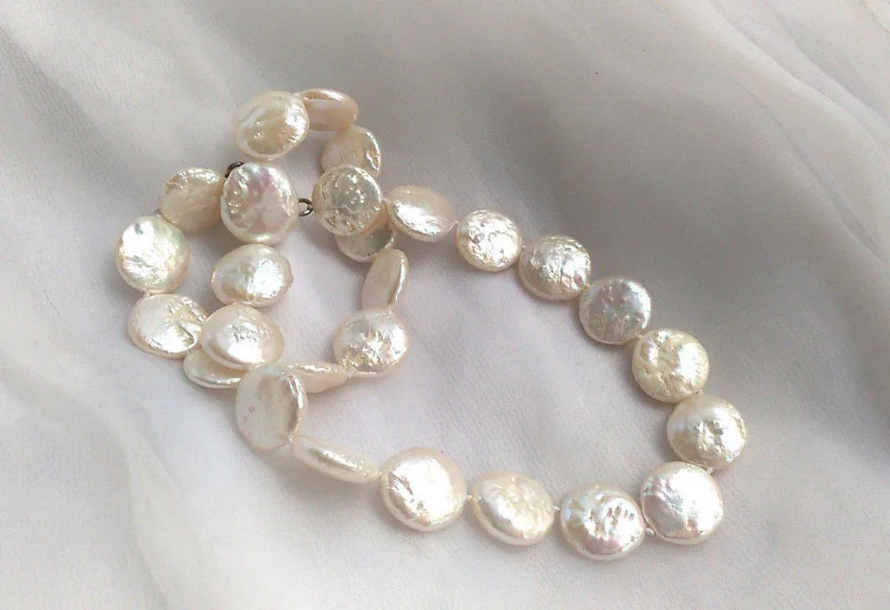 

Miss charm Jew875 14MM white coin cake freshwater pearl bib necklace 17