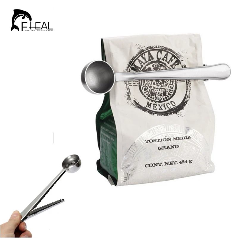 

FHEAL Useful Coffee Tea Tool Stainless Steel Cup Ground Coffee Measuring Scoop Spoon with Bag Sealing Clip