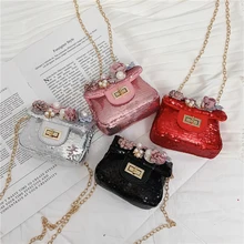 Корейские детские кошельки для монет, модные милые вечерние сумочки принцессы с блестками и жемчужинами на цепочке, маленькие сумочки-мессенджеры для маленьких девочек