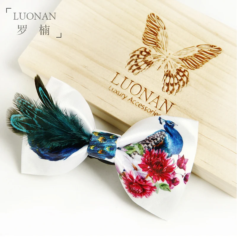 

Free shipping 2017 new fashion casual men's male original custom Tie Blue Green Peacock Feather WEDDING BOW TIE groomsman stereo