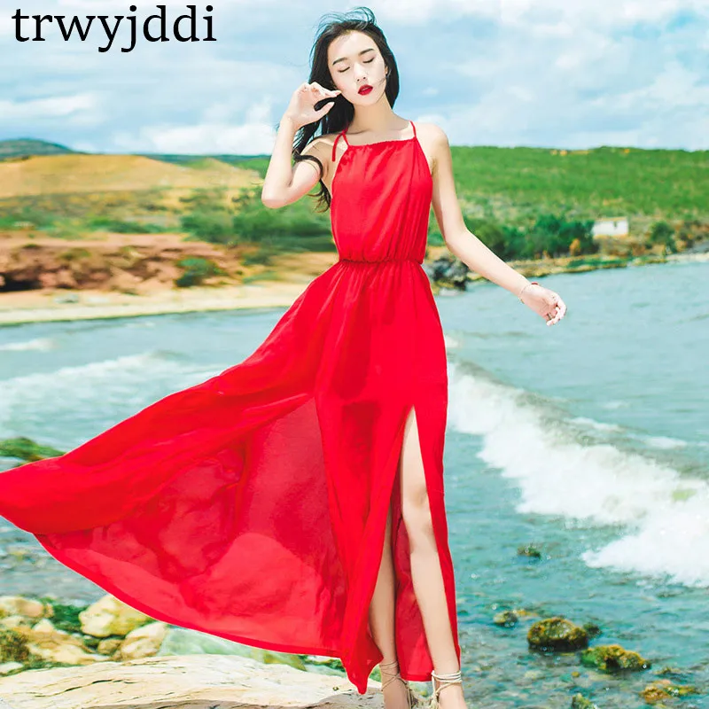 

2019 High Split Maxi Dress Chiffon Solid Sexy Beach Hanging Neck Strap Dresses Backless Costume Elegant Vestidos De Festa hl201