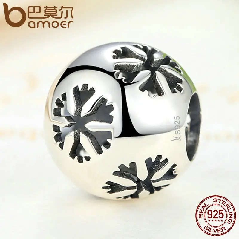 BAMOER Christmas Gift Popular 925 Sterling Silver Snowflake Bead Charms fit Bracelets & Necklaces Fine Jewelry SCC070