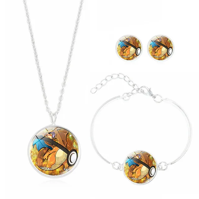 Pokemon Jewelry Set with Silver Plated Glass Cabochon Pokemon Ball