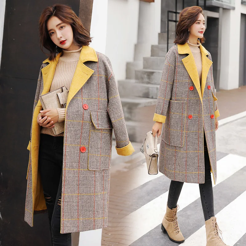 

2019 Autumn Winter New Women Fashion Clash Coat Over Knee Long Double Button Coat Women Woolen Jackets Plaid Collage Splicing
