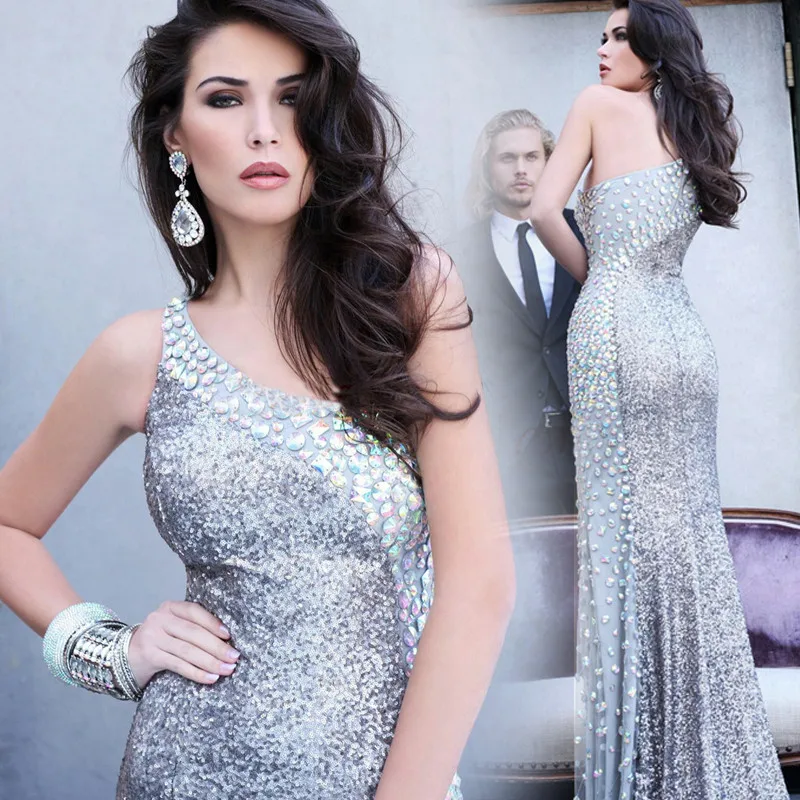 Sale fashion silver sequin evening dresses 2017 new one shoudler crystal beaded high slit slim formal prom party dress vestidos | Свадьбы и