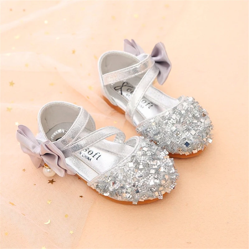 Gold Silver Pink summer Children Leather Shoes Casual Girls Princess Flat Heel Party Shoes Fashion Sequins Bow Pearl Kids Shoes