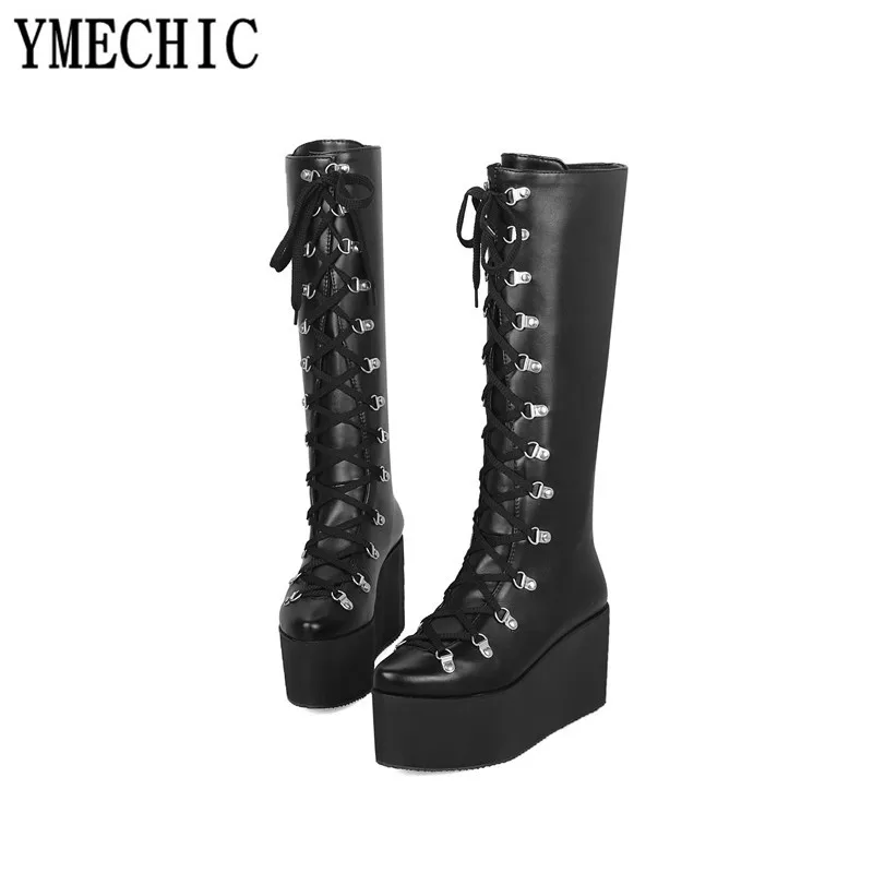 Женские сапоги на шнуровке YMECHIC черные до колена платформе в стиле панк милитари