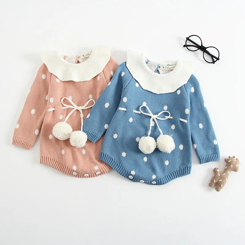 

2018 Autumn Winter baby Triangle Romper Wraps Polka Dot Thick Lotus Leaf Collar Knit Baby Clothes Children Sweater Jumpsuit
