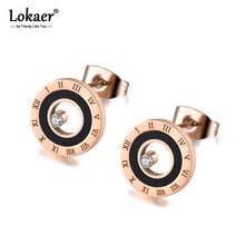 Lokaer, нержавеющая сталь, черный акриловый круг, римская цифра, свадебные серьги для женщин, розовое золото, CZ кристаллические серьги, ювелирные изделия E19049