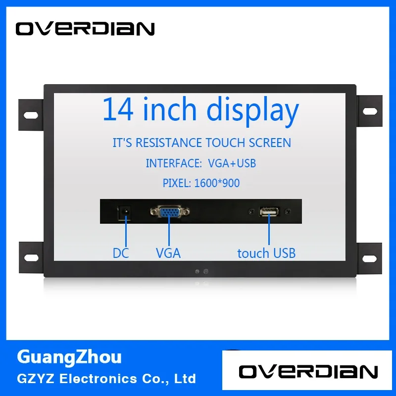 14 "VGA/Touch USB Интерфейс промышленных ЖК-Мониторы Черный Сопротивление Сенсорный экран из металла В виде ракушки 1600*900 вешалкой закреплены