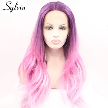 

Sylvia Mixed Pink Natural Wave Synthetic Lace Front Wigs Dark Roots Pink Ombre Heat Resistant Fiber Hair Middle Parting