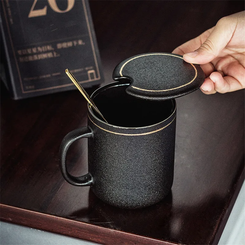 High End Men's Office Mug Cup Lid Coffee Cup Simple Black Matte Cup