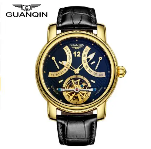 Роскошные брендовые автоматические механические часы GUANQIN, мужские водонепроницаемые светящиеся часы с календарем, кожаные золотые наручные часы - Цвет: gold black B